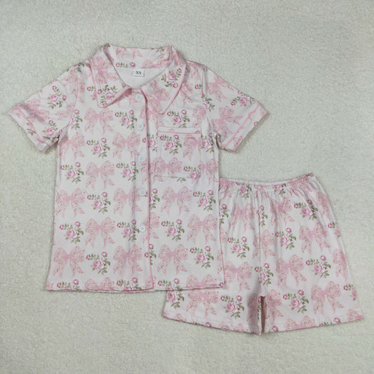 GSSO1779 Western women clothing Pink Bows Flower Button short sleeve top shorts pajamas set Adult Girls Boutique outfit 202502 RTS