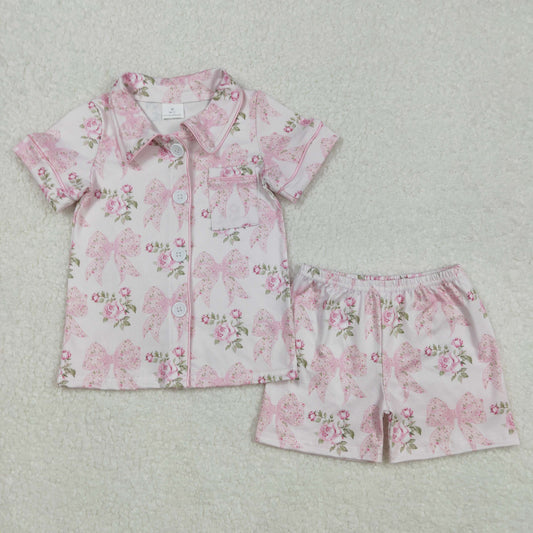 GSSO1780  Pink Flower Bows Button short sleeve top shorts pajamas set Girls Boutique  outfit 202502 RTS