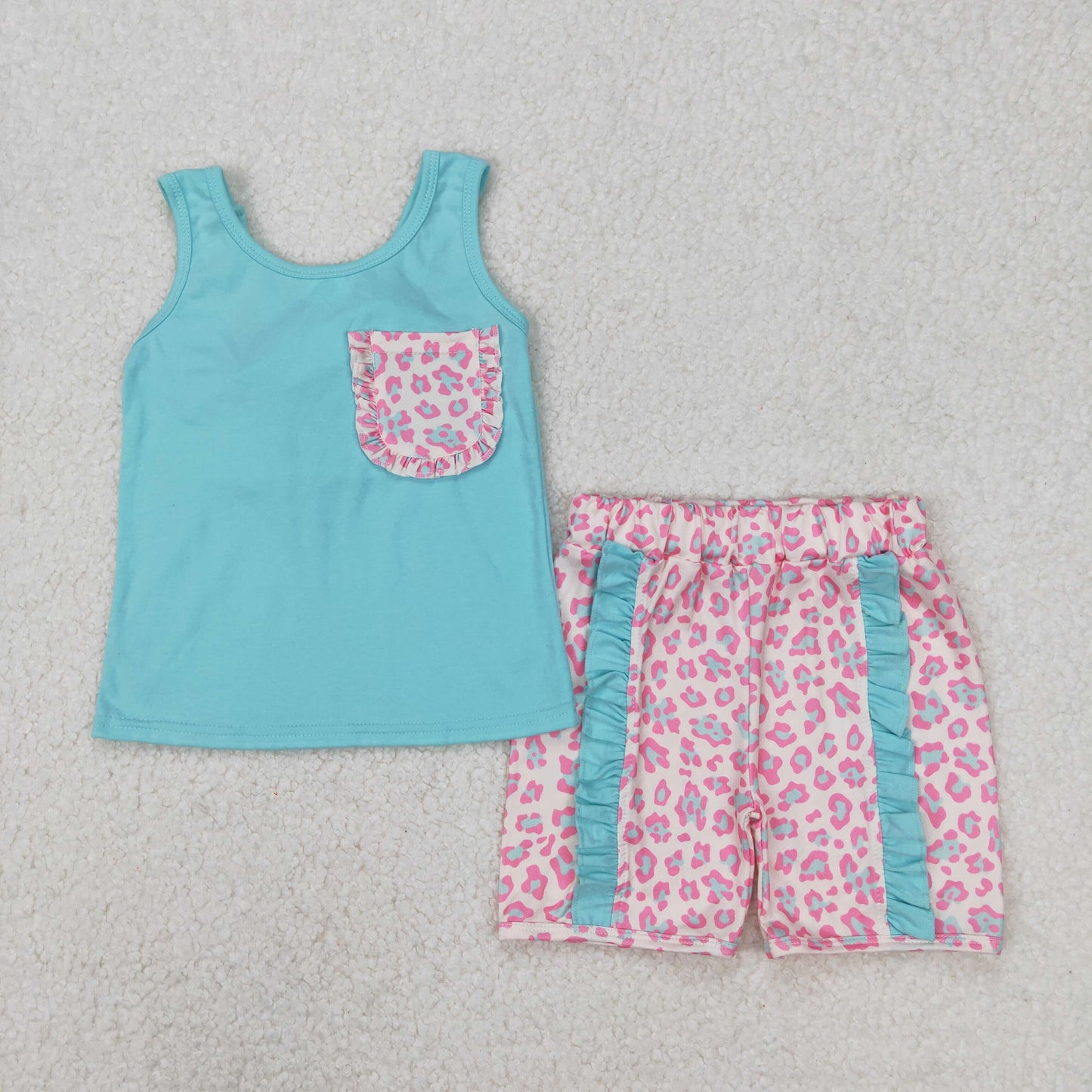 GSSO1784 Blue Pink Leopard Pocket Ruffle Sleeveless Shorts Sets Boutique Girls Outfits 202503 RTS