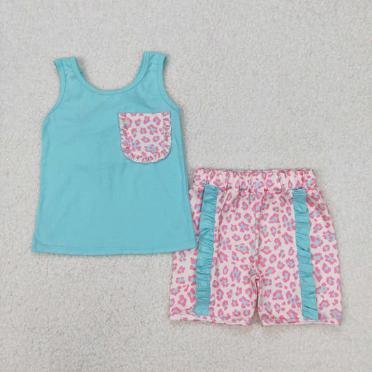 GSSO1784 Blue Pink Leopard Pocket Ruffle Sleeveless Shorts Sets Boutique Girls Outfits 202503 RTS