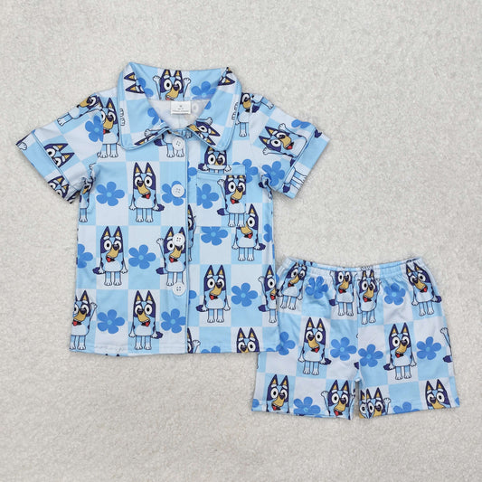 GSSO1800 Cartoon Bluey blue short sleeve button top shorts Pajamas Baby girls boutique outfit RTS 202501