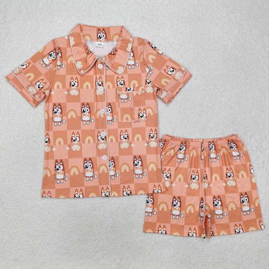 GSSO1804 Cartoon bluey Orange Button Short sleeve Top shorts pajamas set boutique Adult girls clothing sets summer outfit RTS 202501