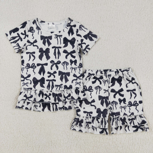 GSSO1852 White Black bow ruffled short sleeve top shorts set girls Boutique Summer clothes 202502 RTS