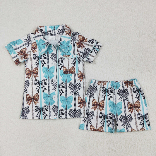 GSSO1858 Blue White Bows Button short sleeve top shorts pajamas set Girls Boutique outfit 202502 RTS