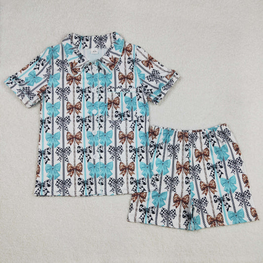 GSSO1865 Western women clothing Blue Black Leopard Button short sleeve top shorts pajamas set Adult Girls Boutique outfit 202502 RTS