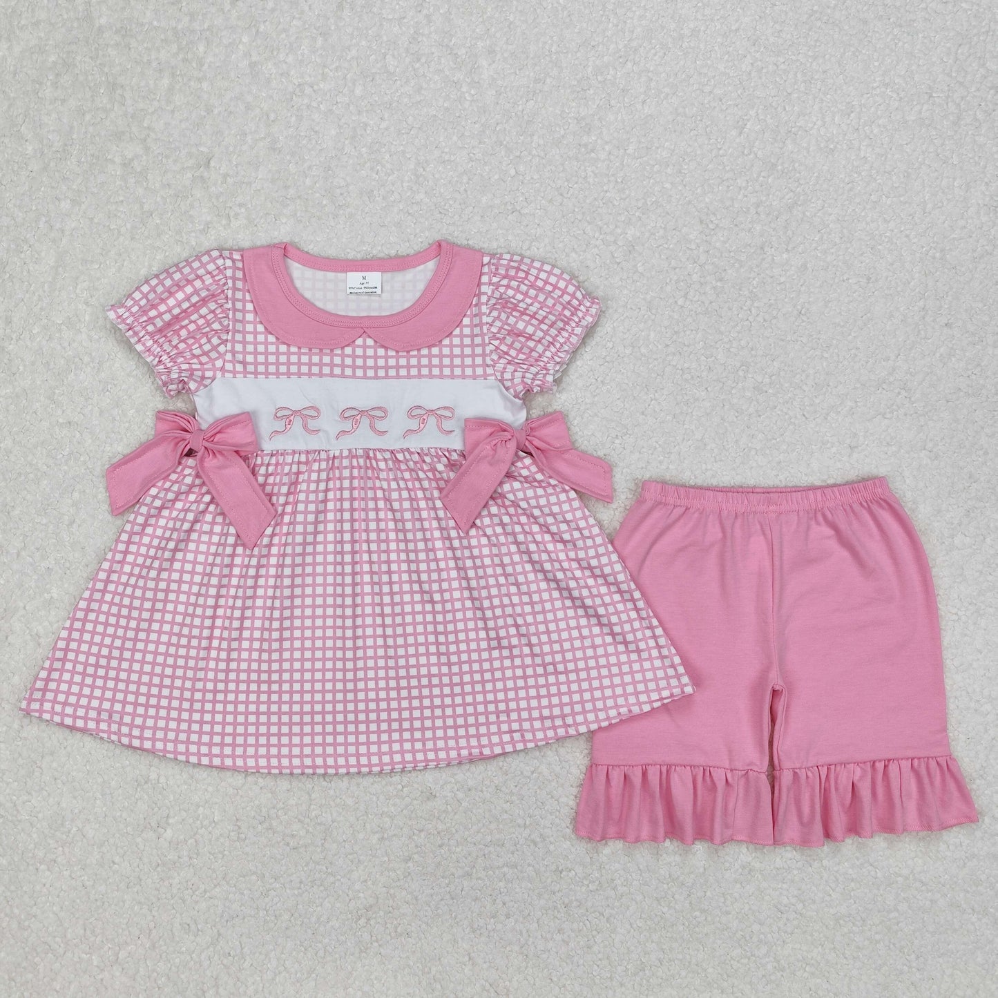 GSSO1879 Embroidered Bows Pink Plaid Short Sleeve Top Shorts Girls Boutique Sets 202503 RTS