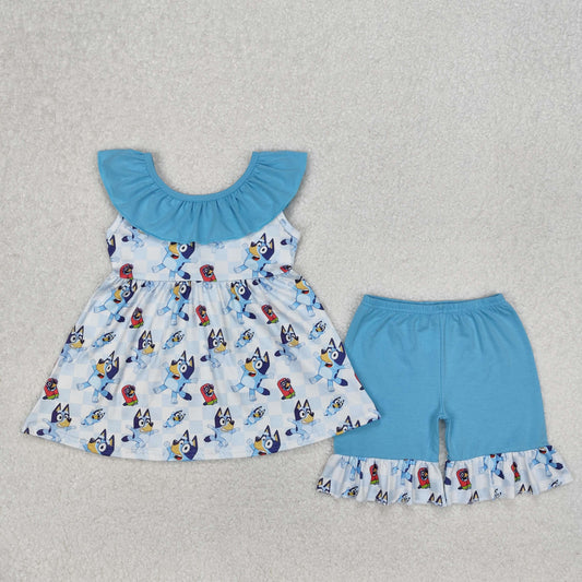 GSSO1886 Bluey Blue Ruffle Sleeveless Top Shorts Girls Boutique Sets 202503 RTS