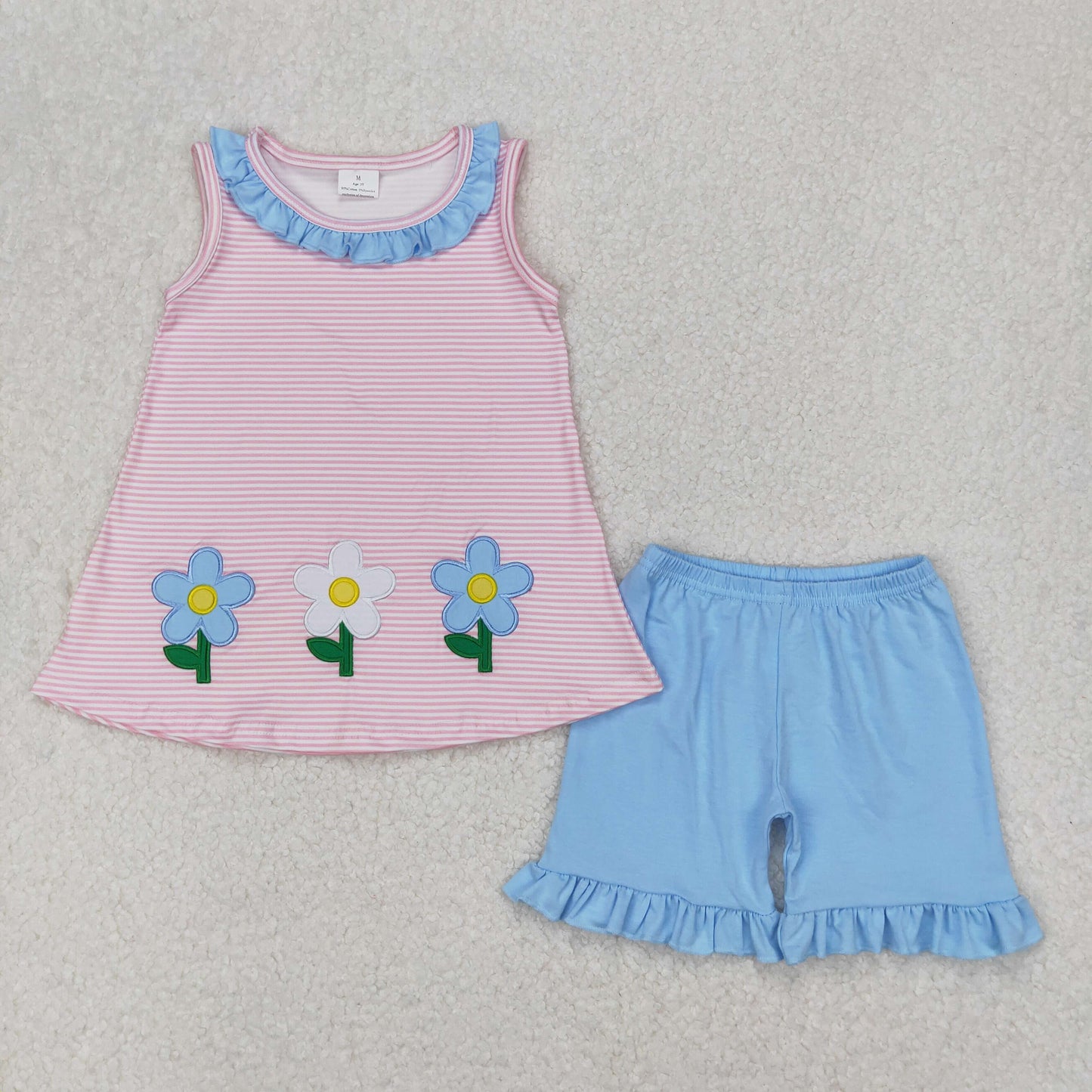 GSSO1895 Embroidered Flower Pink Blue Striped Ruffle Sleeveless Top Shorts Sets Boutique Girls Outfits 202503 RTS