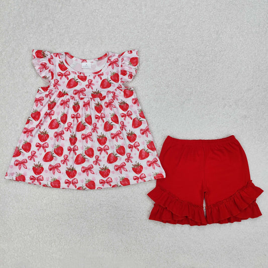 GSSO1902 Red Strawberry Flying Sleeve Ruffle Shorts Girls Boutique Sets 202503 RTS