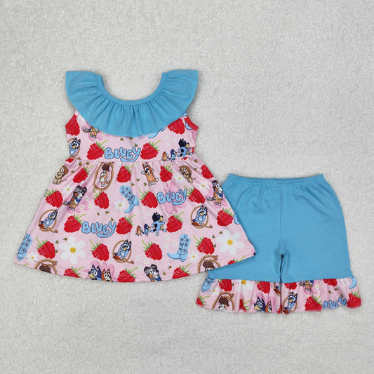 GSSO1904 Cartoon Bluey Blue Ruffle Pink Sleeveless top shorts sets girls boutique outfit 202503 RTS