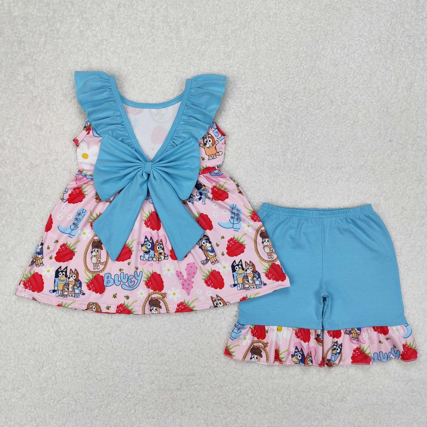 GSSO1904 Cartoon Bluey Blue Ruffle Pink Sleeveless top shorts sets girls boutique outfit 202503 RTS