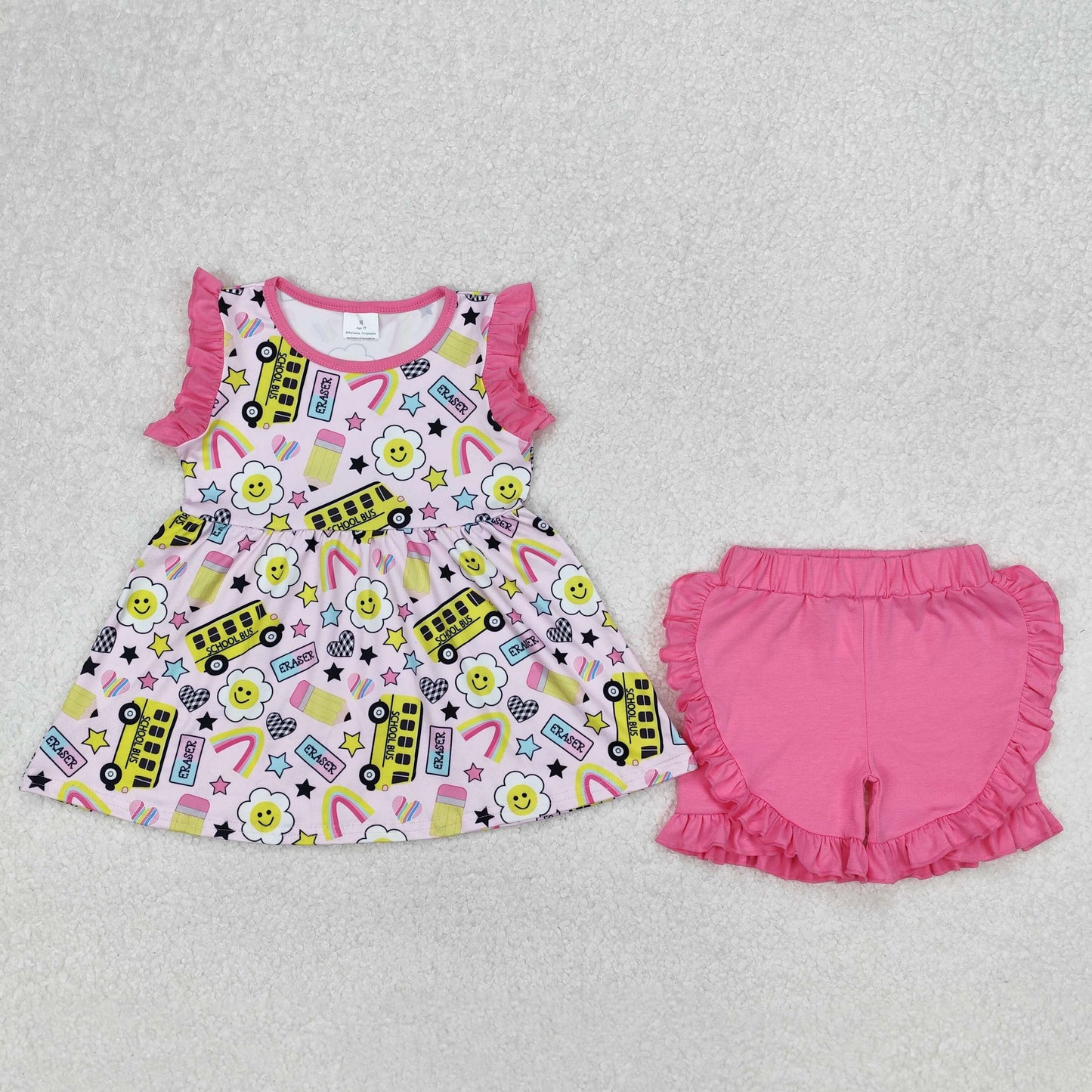 GSSO1912 Bus Flower Rose Red Ruffle Sleeveless Shorts Girls Boutique Sets 202503 RTS