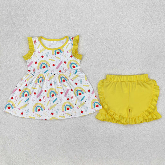 GSSO1913 Yellow Rainbow Pencil Apple Ruffle Sleeveless Shorts Girls Boutique Sets 202503 RTS
