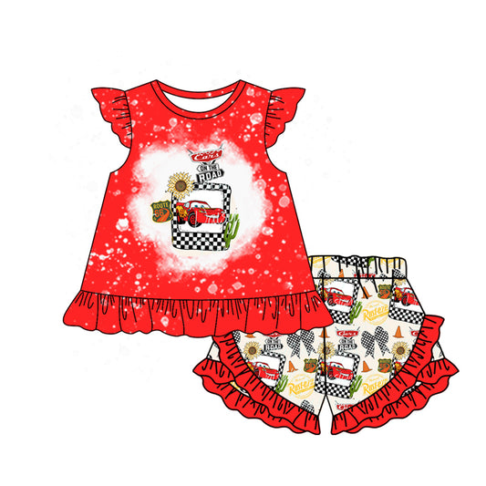 Preorder GSSO1924 Red Cars Ruffled Flying sleeve top shorts Summer clothes  Baby Girls boutique outfit 202501