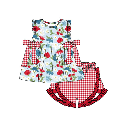 GSSO1930 Red Plaid Flower Bow Ruffle Sleeveless Top Shorts Set Girls Boutique Outfits 202503 RTS