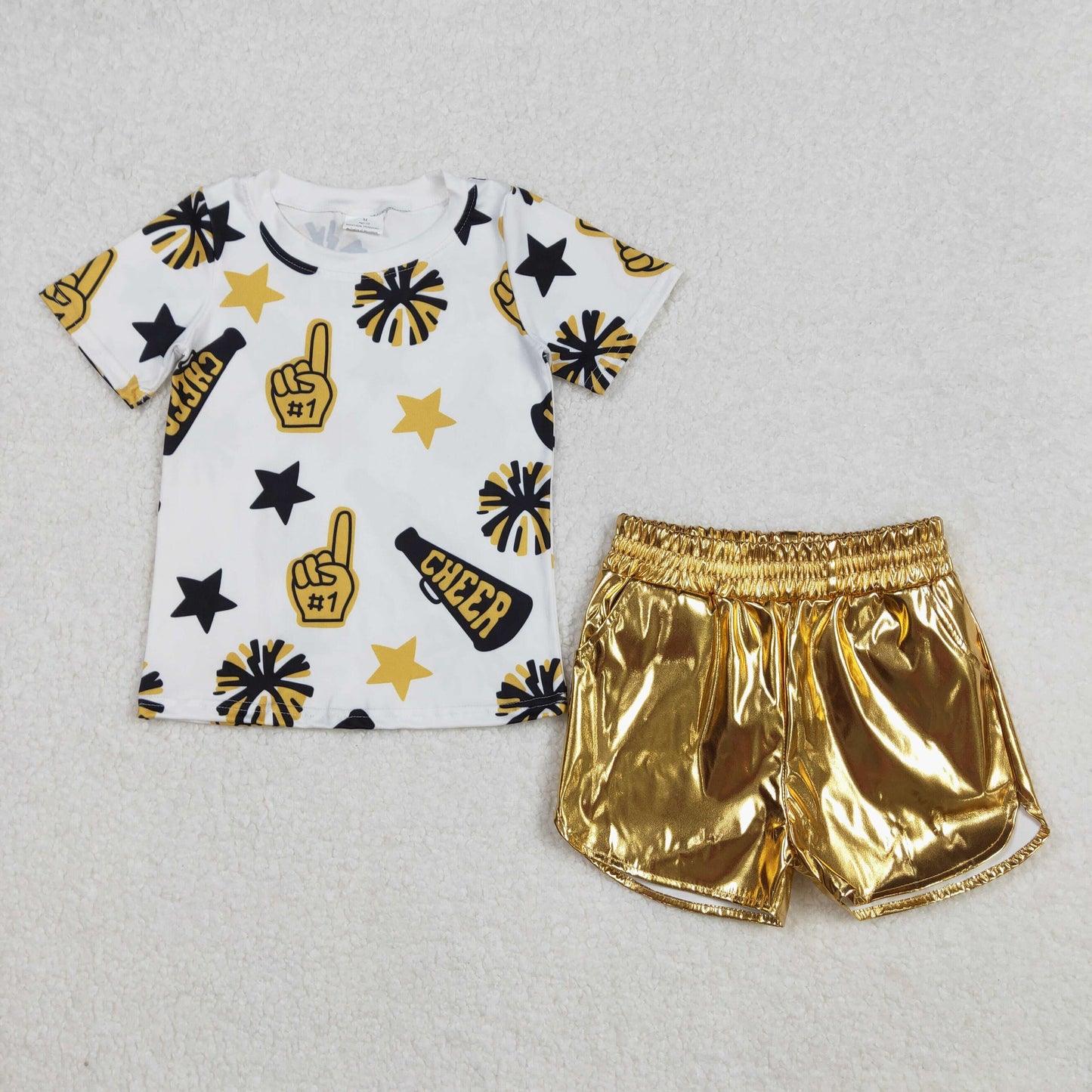 GSSO1936 Cheer Fireworks White short sleeve top golden shorts sets girls boutique outfits 202502 RTS