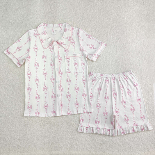 GSSO1944 Western women clothing White Pink Bows Button short sleeve top shorts pajamas set Adult Girls Boutique outfit 202502 RTS