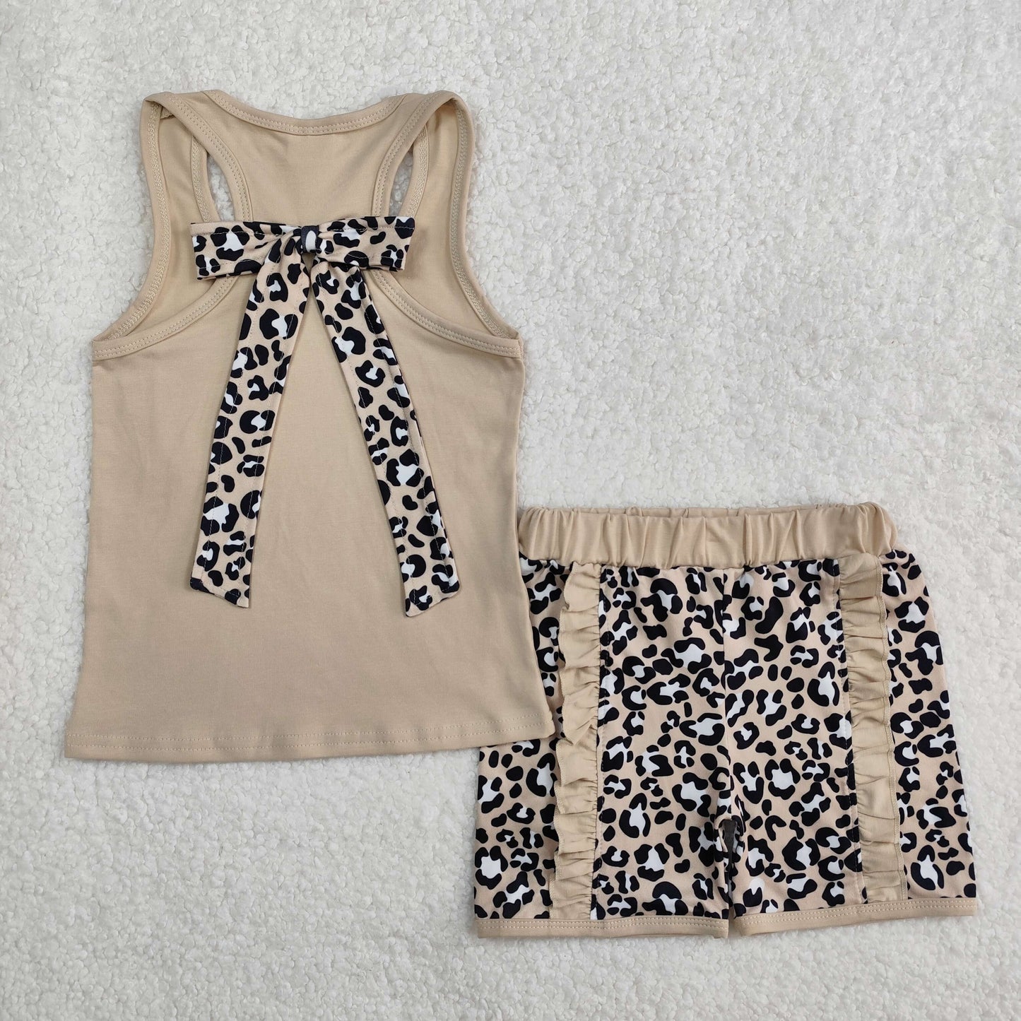 GSSO1979 Brown Leopard Bow Ruffle Sleeveless Top shorts set Girls Boutique  outfit 202502 RTS