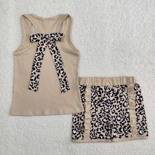 GSSO1979 Brown Leopard Bow Ruffle Sleeveless Top shorts set Girls Boutique  outfit 202502 RTS