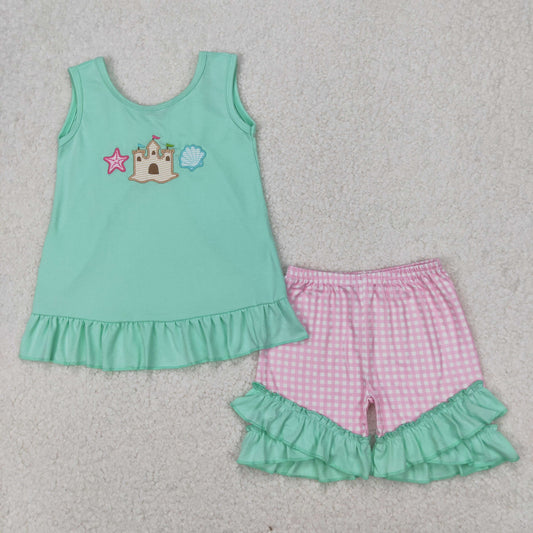 GSSO1983 Embroidered Sea Shell Castle Green Pink Plaid Ruffle Sleeveless Top Shorts Sets Boutique Girls Outfits 202503 RTS