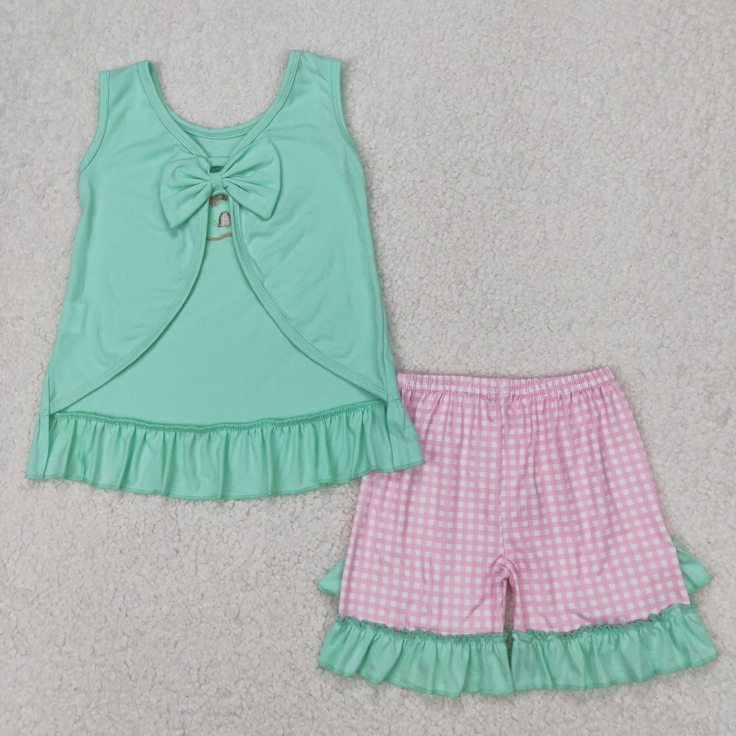 GSSO1983 Embroidered Sea Shell Castle Green Pink Plaid Ruffle Sleeveless Top Shorts Sets Boutique Girls Outfits 202503 RTS