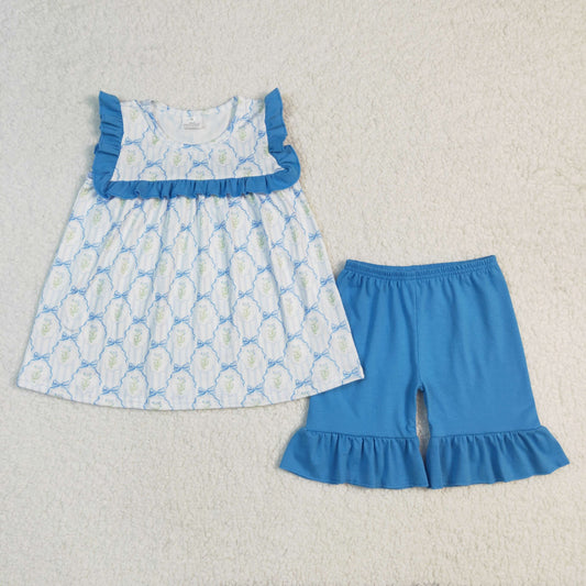 GSSO2004 Blue Ruffle Bows Flower sleeveless top shorts set Girls Boutique  outfit 202502 RTS