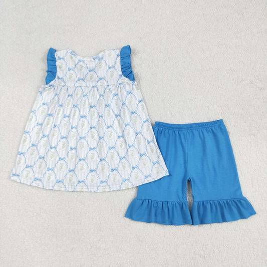 GSSO2004 Blue Ruffle Bows Flower sleeveless top shorts set Girls Boutique  outfit 202502 RTS