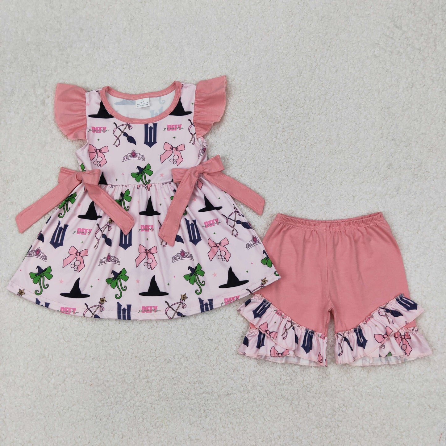 GSSO2006 Pink Bow Cartoon Crown Ruffle Flying Sleeve Top Shorts Sets Boutique Girls Outfits 202503 RTS