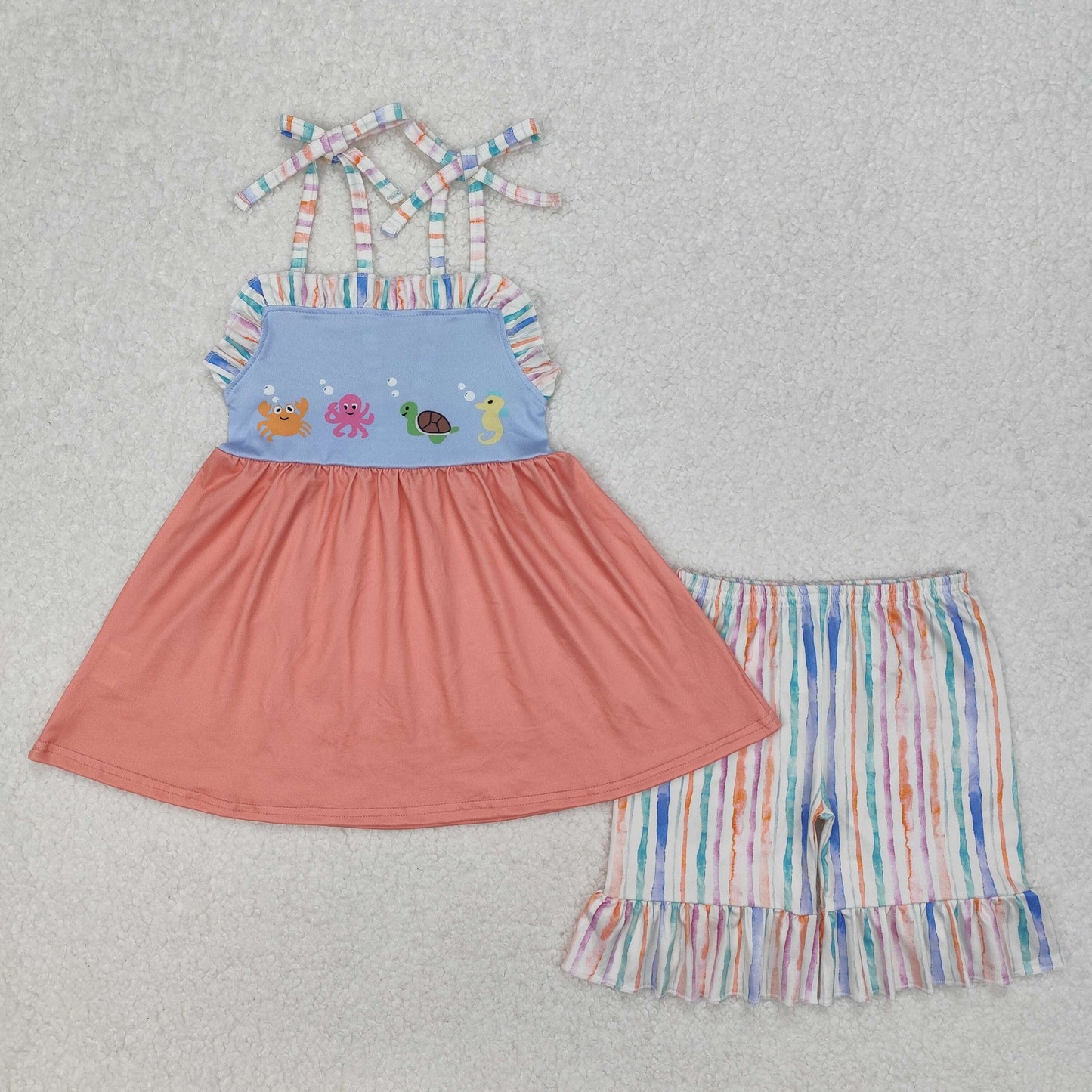 GSSO2016 Sea Animal Orange Pink Blue Ruffle Sleeveless Striped Shorts Girls Boutique Sets 202503 RTS