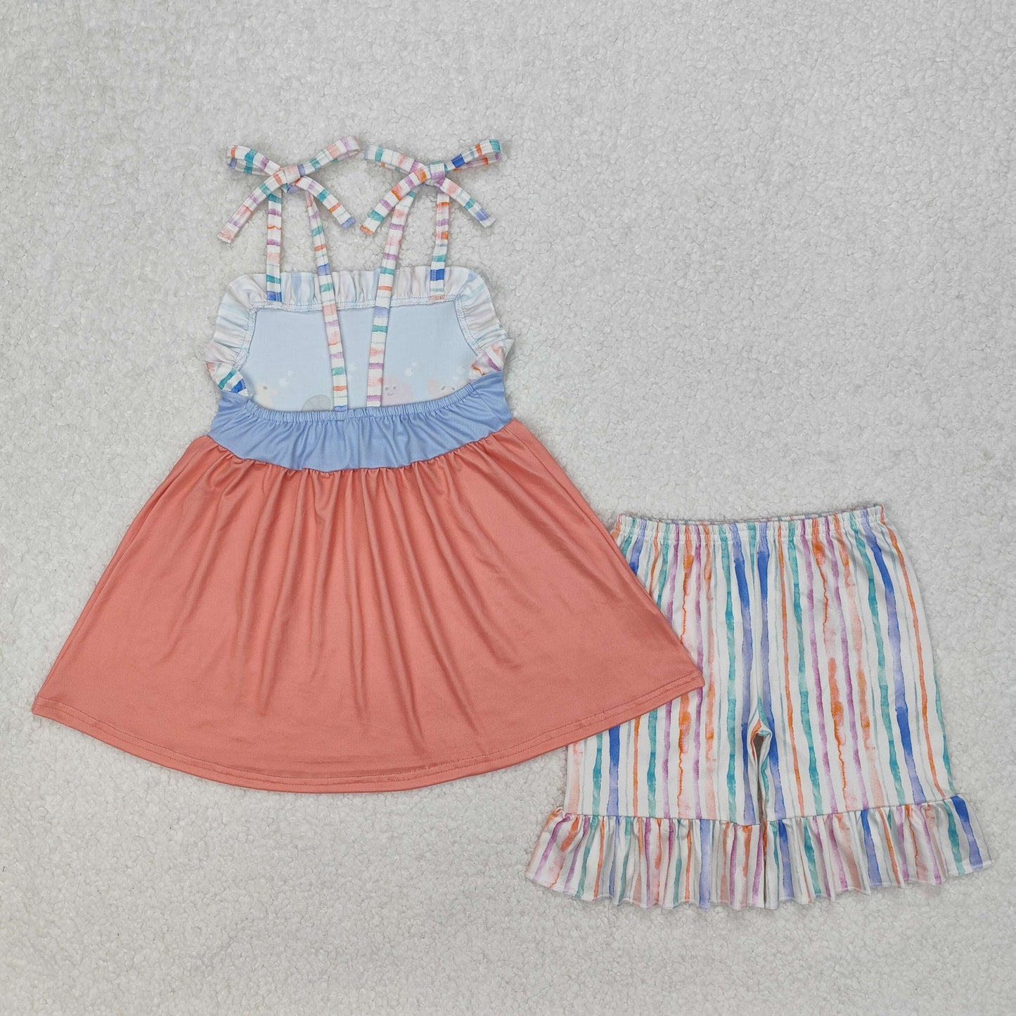 GSSO2016 Sea Animal Orange Pink Blue Ruffle Sleeveless Striped Shorts Girls Boutique Sets 202503 RTS