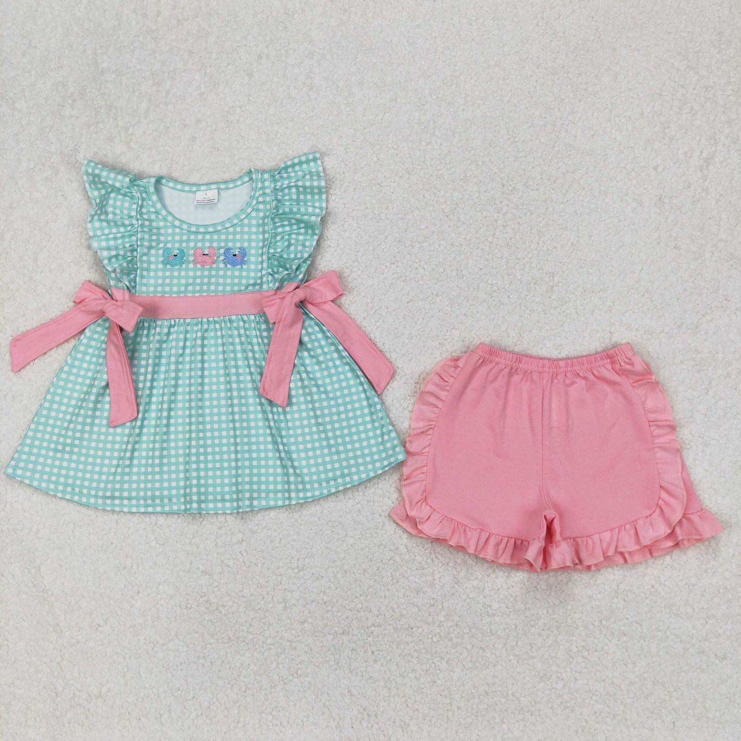 GSSO2017 Embroidered Crab Green Pink Bows Plaid Ruffle Sleeveless Top Shorts Sets Boutique Girls Outfits 202503 RTS