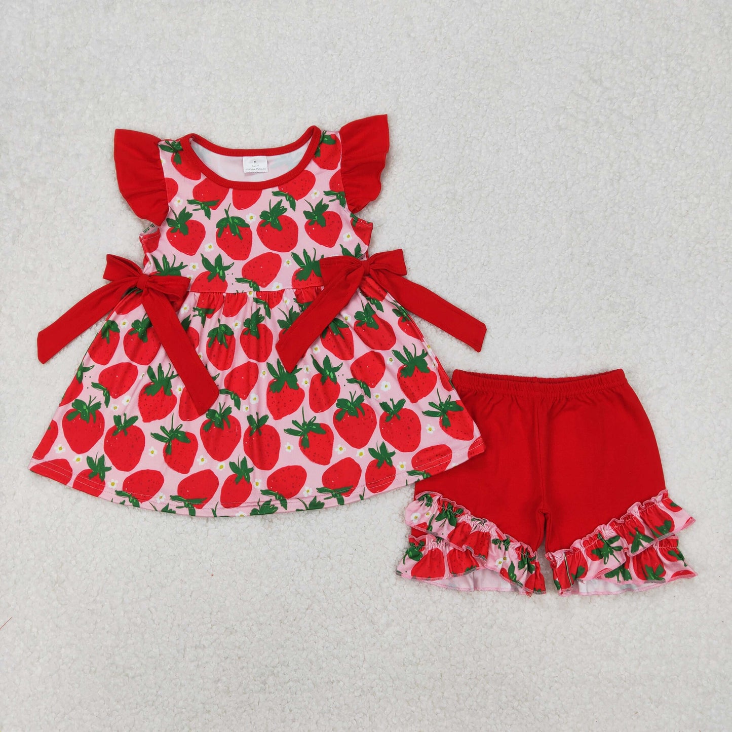 GSSO2023 Red flower strawberry bows fly sleeve top shorts set girls boutique outfits 202503 RTS
