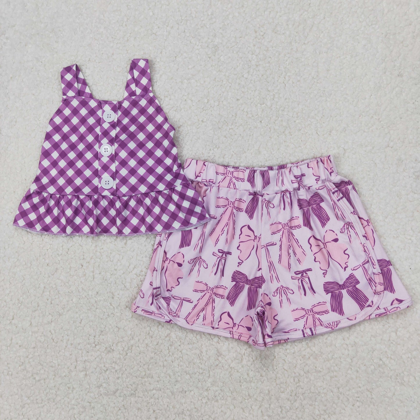 GSSO2035 Purple Plaid Bows Sleeveless Top Shorts Sets Girls Boutique Outfits 202504 RTS