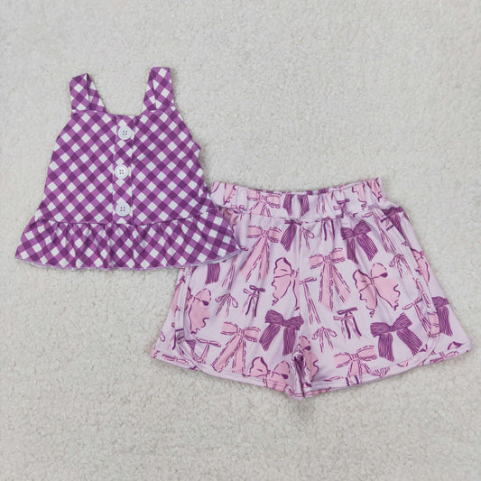 GSSO2035 Purple Plaid Bows Sleeveless Top Shorts Sets Girls Boutique Outfits 202504 RTS