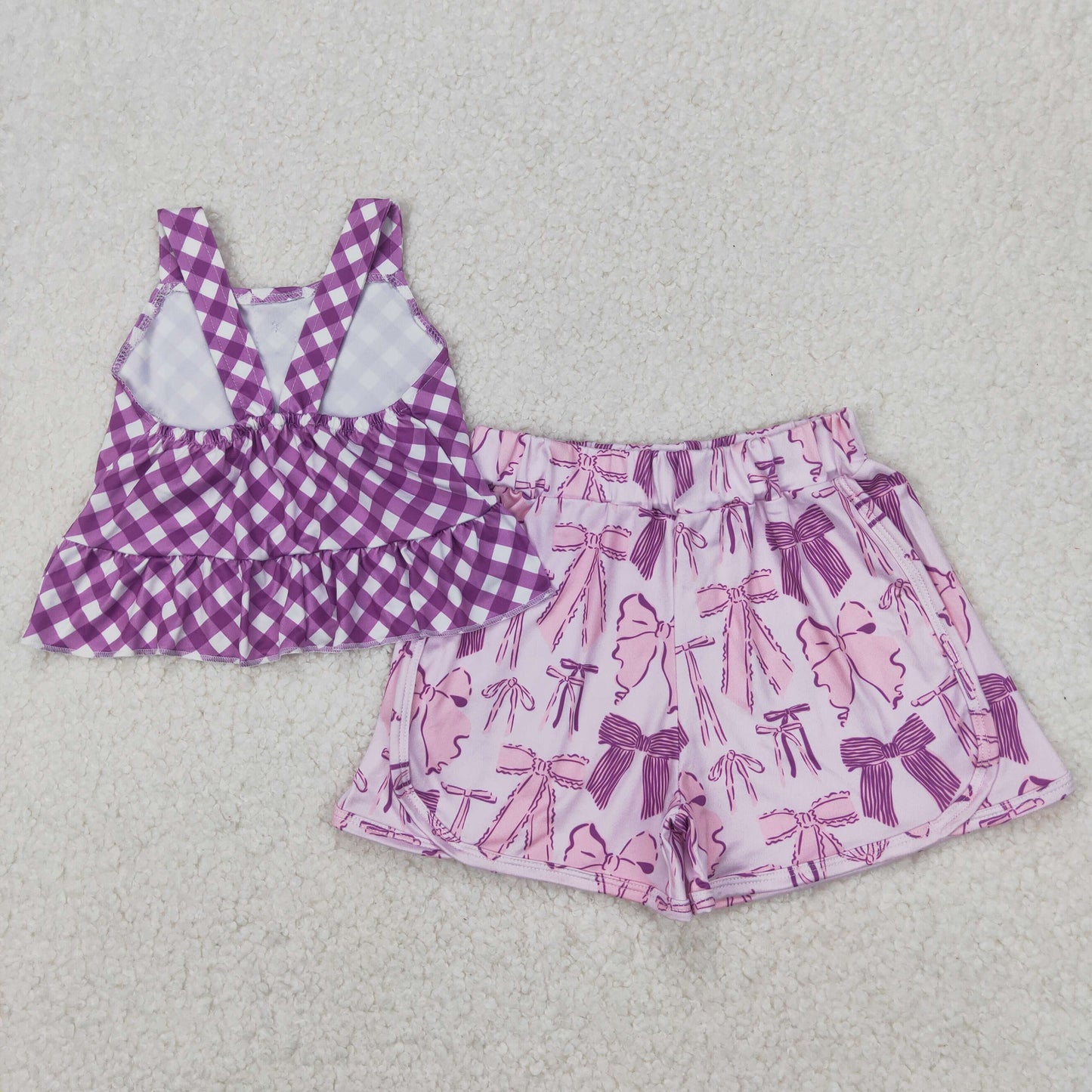 GSSO2035 Purple Plaid Bows Sleeveless Top Shorts Sets Girls Boutique Outfits 202504 RTS