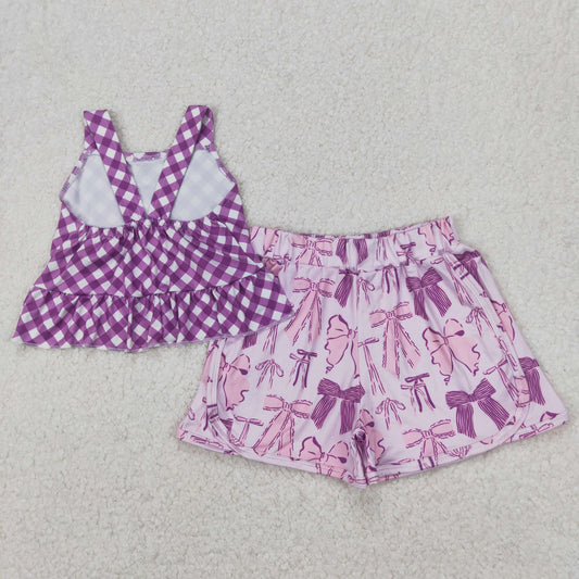 GSSO2035 Purple Plaid Bows Sleeveless Top Shorts Sets Girls Boutique Outfits 202504 RTS