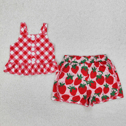 GSSO2037 Red Plaid Strawberry Ruffle Sleeveless Shorts Girls Boutique Sets 202503 RTS