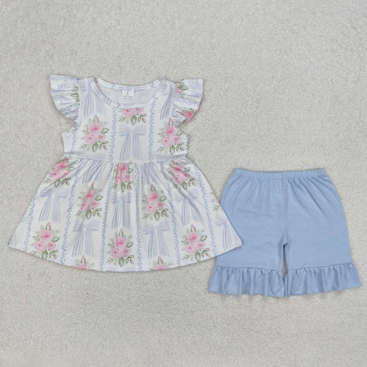 GSSO2052 Blue Pink Flower Leaf Ruffle Fly Sleeve Shorts Girls Boutique Sets 202503 RTS