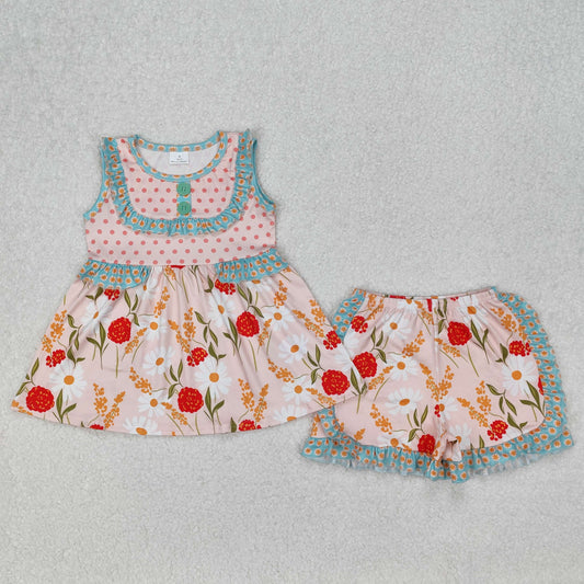 GSSO2067 Orange Green Dot Ruffle flower short sleeve top shorts set Girls Boutique Outfit 202503 RTS