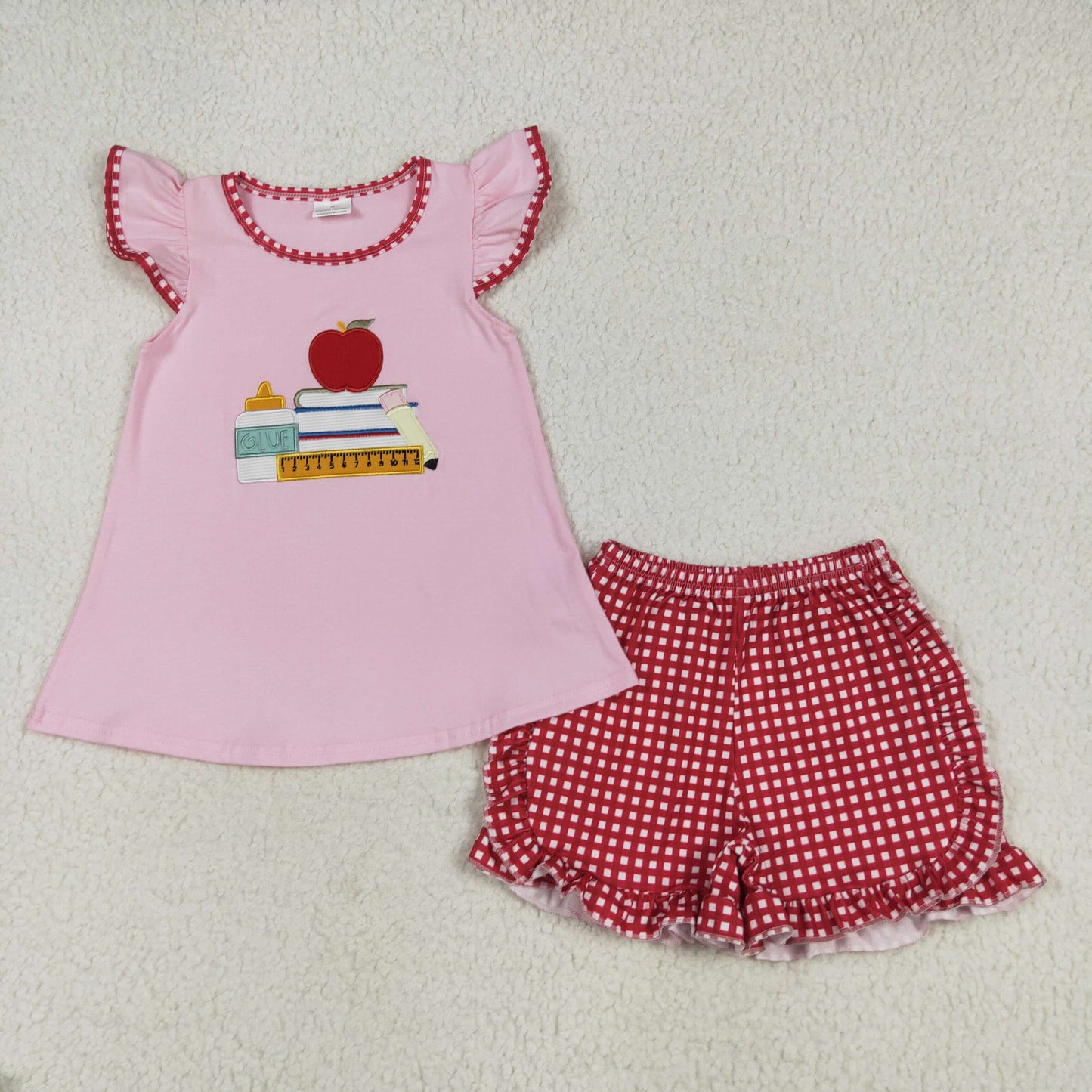GSSO2069 Embroidered Pencil Apple Book Pink Ruffle Flying Sleeve Red Plaid Shorts Sets Girls Boutique Outfit 202506 RTS