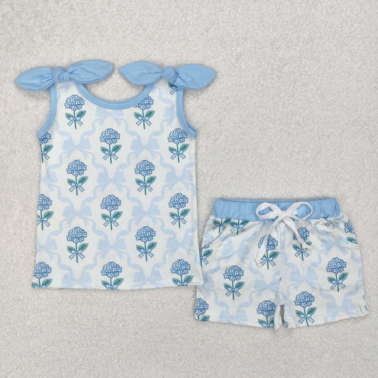 GSSO2079 Blue Flower Bow sleeveless top shorts set Girls Boutique Outfit 202503 RTS