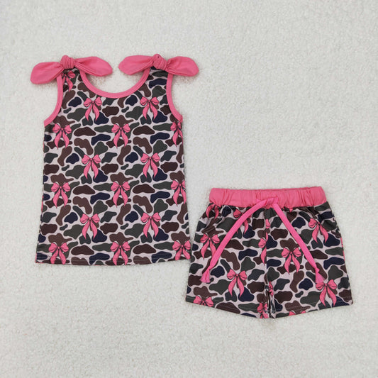 GSSO2083 Rose red bow grey leopard sleeveless top shorts girls Summer clothes  202503 RTS