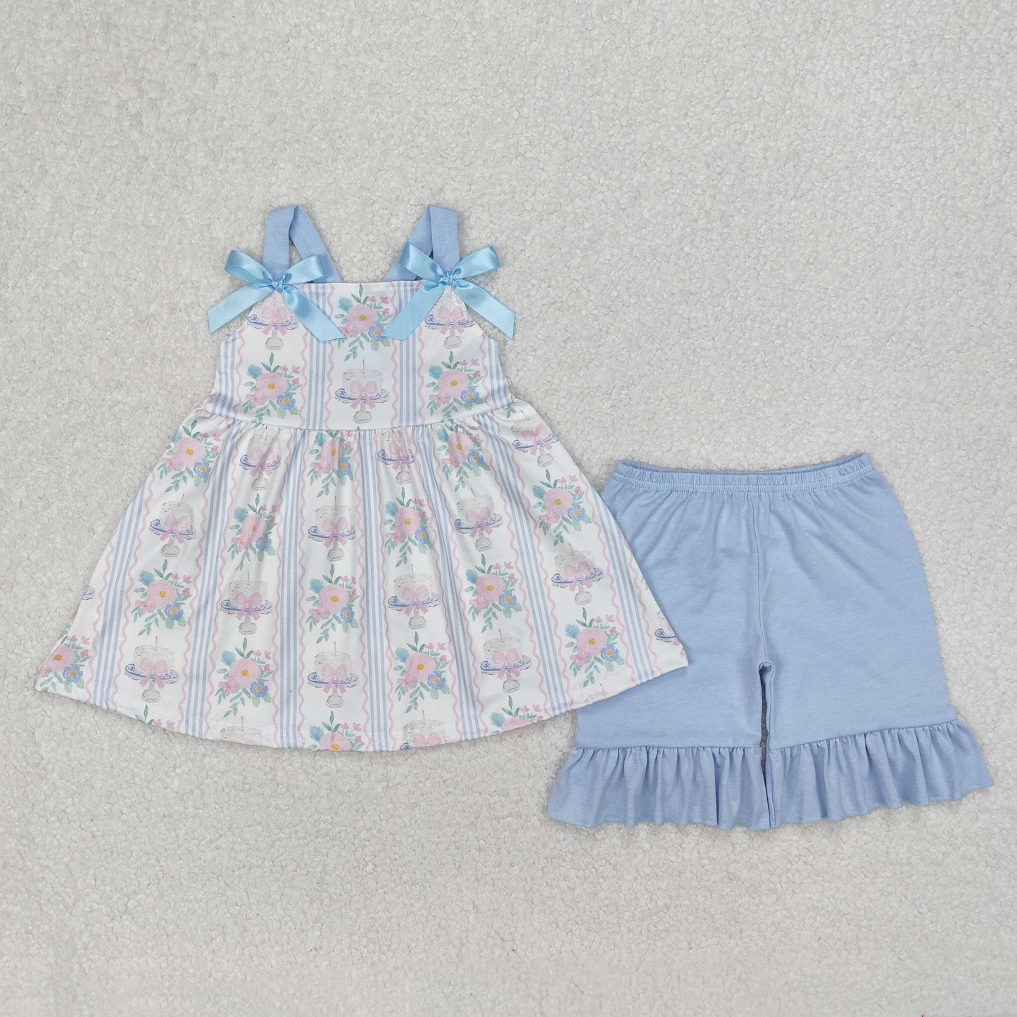 GSSO2087 Blue White Flower striped Ruffle  Sleeveless top shorts sets girls boutique outfit 202503 RTS