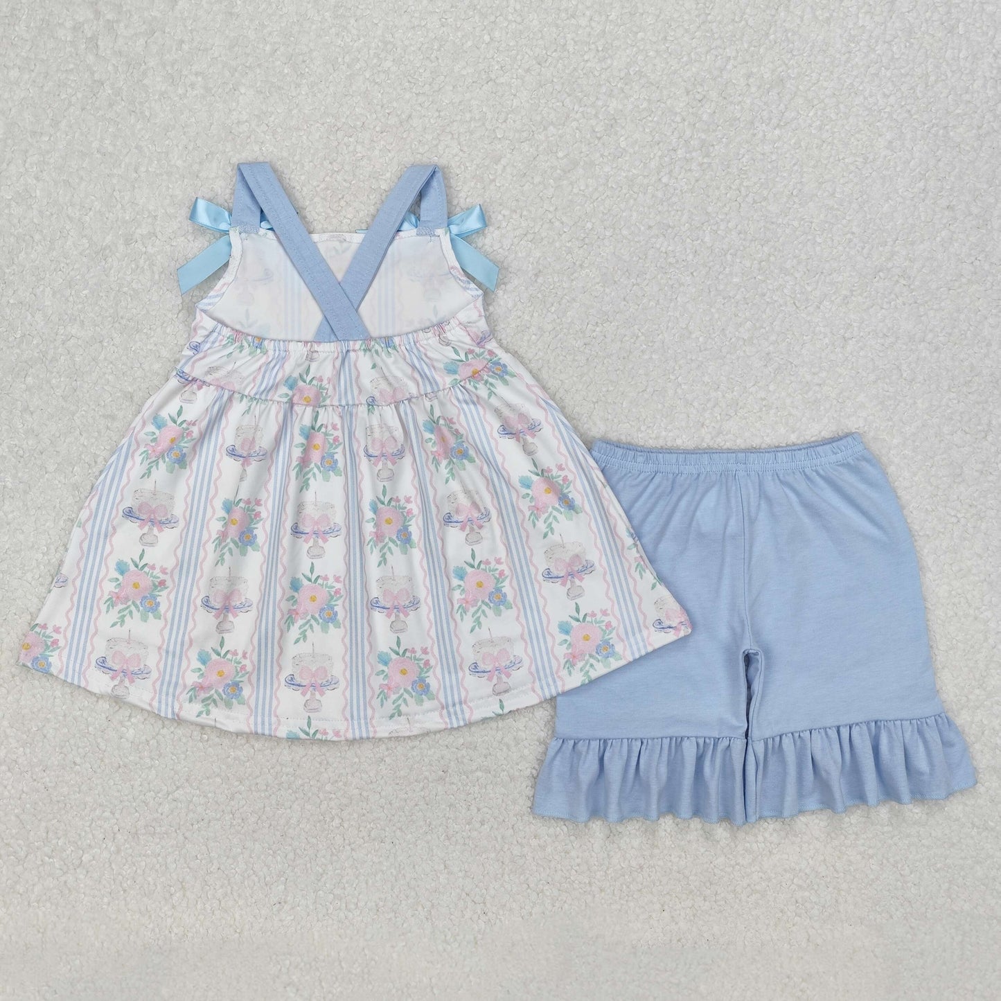 GSSO2087 Blue White Flower striped Ruffle  Sleeveless top shorts sets girls boutique outfit 202503 RTS