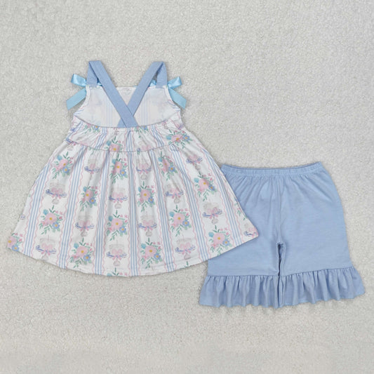 GSSO2087 Blue White Flower striped Ruffle  Sleeveless top shorts sets girls boutique outfit 202503 RTS