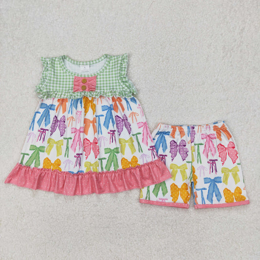 GSSO2089 Green Plaid Pink Bows Ruffle Sleeveless Top Shorts Set Girls Boutique Summer Outfits 202503 RTS