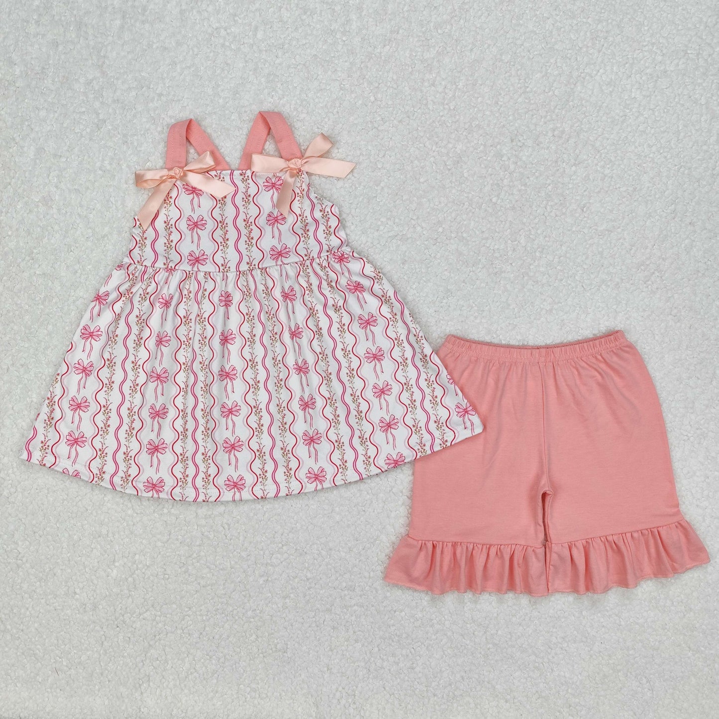 GSSO2094 Orange Pink Bows Flower Ruffle  Sleeveless top shorts sets girls boutique outfit 202503 RTS