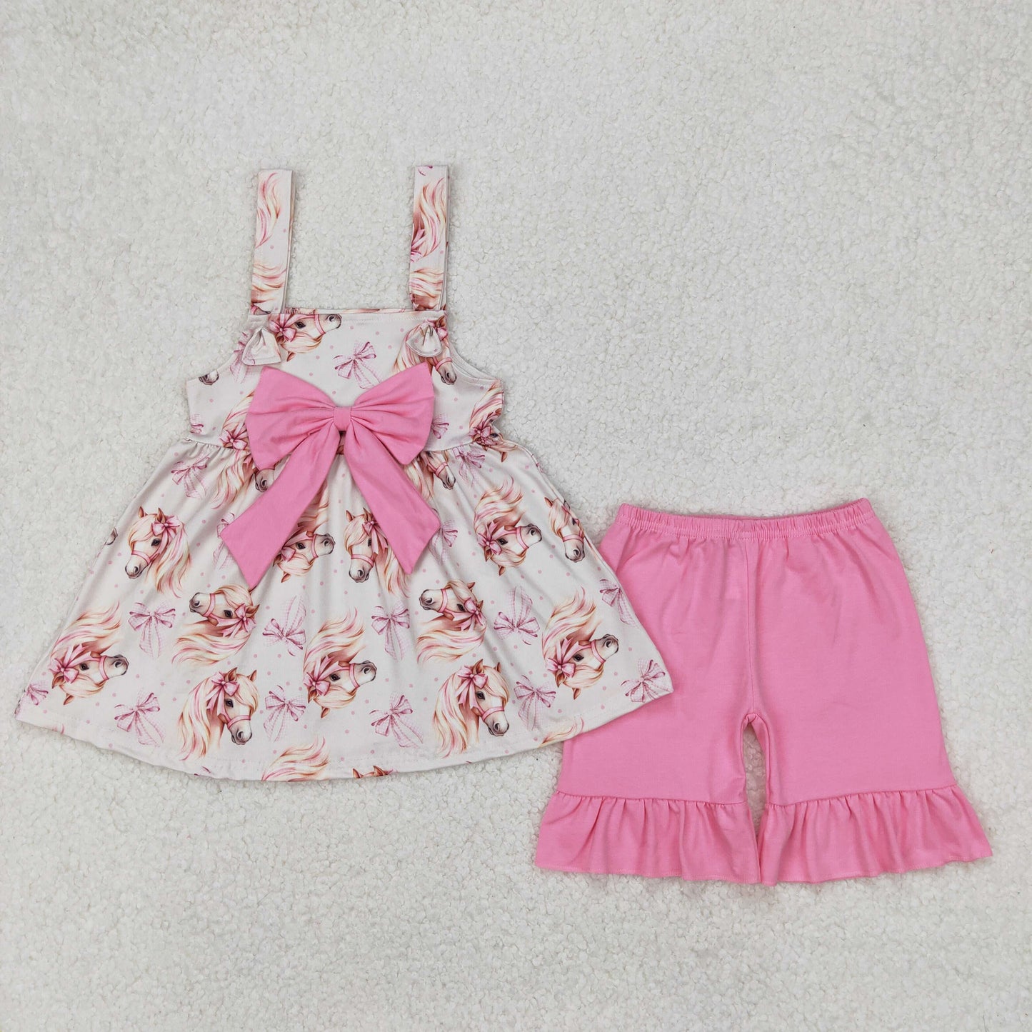 GSSO2100 Cowgirl Pink Big Bow Sleeveless Top Ruffle Shorts Sets Girls Boutique Outfits 202503 RTS