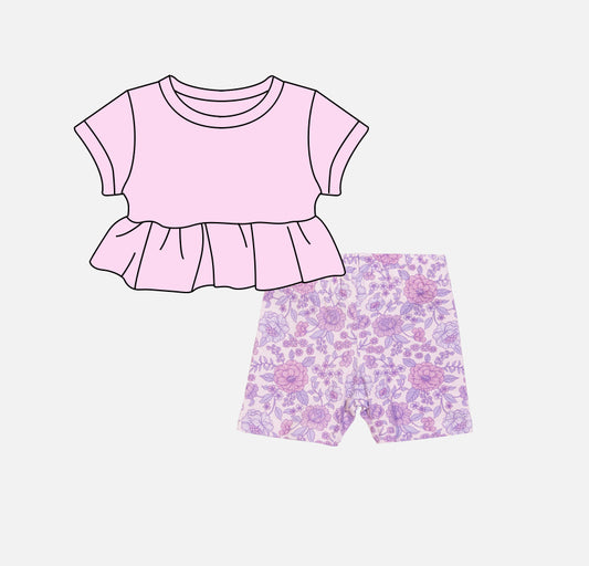 preorder GSSO2102 Pure Purple Pink Short Sleeve Flower Shorts Sets Girls Boutique Outfits 20250104