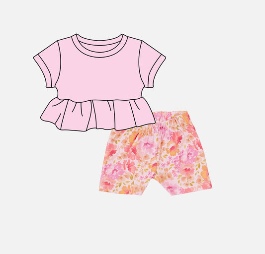 preorder GSSO2104 Pure Light Pink Short Sleeve Flower Shorts Sets Girls Boutique Outfits 20250104